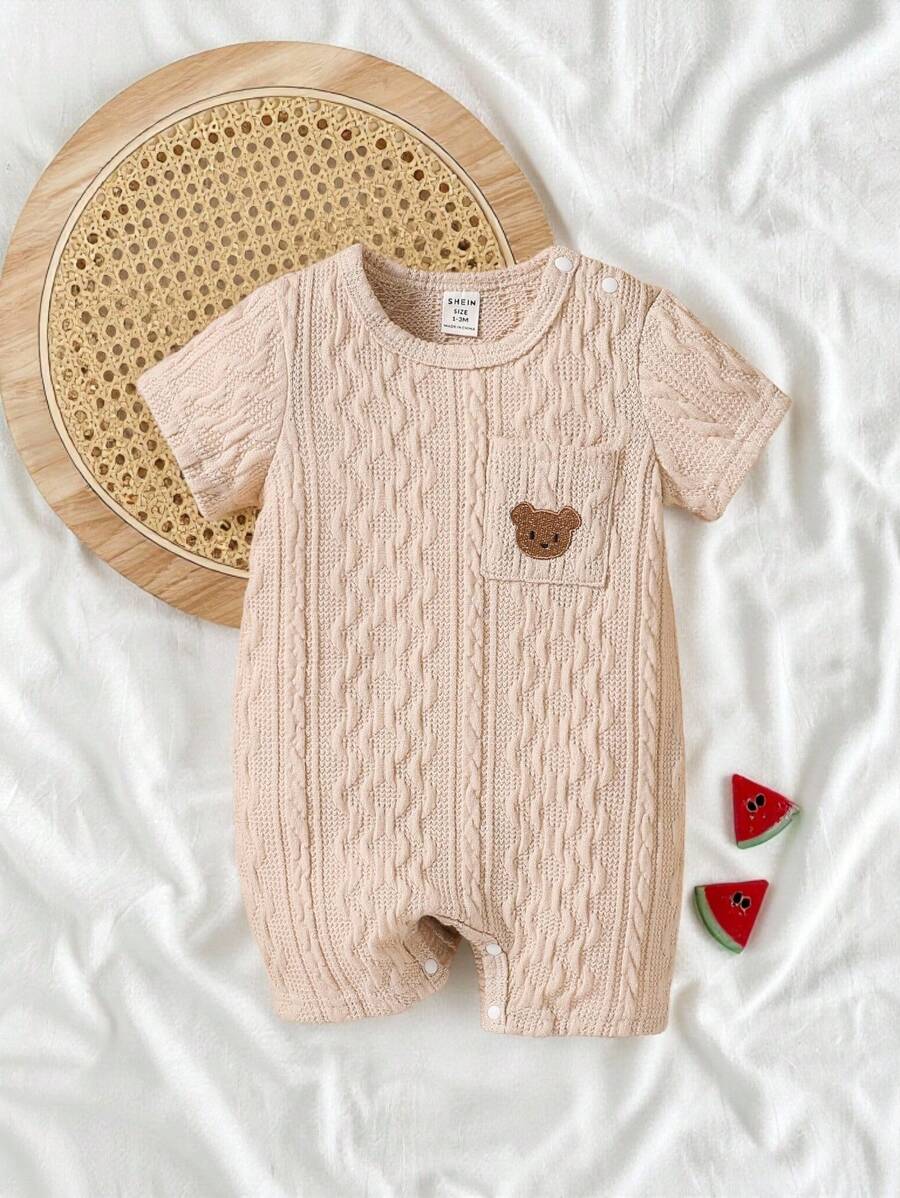 SHEIN Vintaside Kids Baby Boy Bear Embroidery Pocket Patched Romper - Apricot - View 1