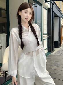 DAZY 女士交叉系带设计纯色长袖韩版衬衫 - 白色 - 查看 6