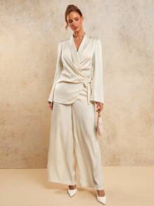 COSMINA Women's Elegant Cream Satin Ruched Waist Tie Blouse And Wide Leg Pant Blazer Suit Set, Old Money, Relaxed Vacation Daily Style; Teacher Outfits; Going Out Outfits - White - View 1