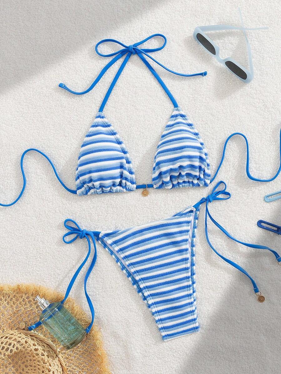 SHEIN Swim Mod Set de 2 piezas de bikini sexy de moda con halter sin espalda y placa de metal para mujer, nuevo para verano - Celeste - Ver 1