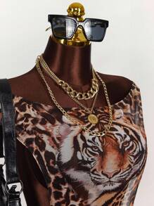 Amplova Vestido ajustado con inserción de malla con estampado de tigre, cuello drapeado, de múltiples formas de usar, talla grande, con lazo en la espalda - Multicolor - Ver 6