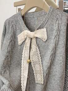 SHEIN Clasi Áo len cardigan buộc cổ tròn thường ngày cho nữ - Xám - Xem 3