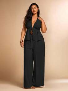 SHEIN BAE New Plus Size Women Summer Linen Vest And Pants Set, Linen Outfit For Beach, Holiday, Vacation/ Plus Size Two Piece Set/ Plus Size Halter Top And Pants Set - Black - View 6