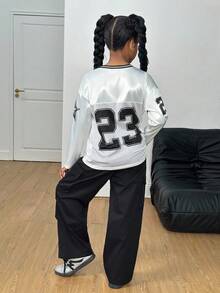 SHEIN Tween Girl Casual Street Fashion Black And White Jersey Print Long Sleeve Top And Pants Set,Autumn Cow Boy School Back-To-School Loose Fit Outfits - Black - View 2
