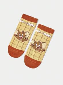TOM & JERRY X SHEIN 1双女士格子卡通图案时尚可爱短袜 - 黃色 - 查看 4