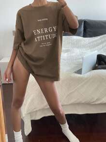 Livesso Women Loose Fit Short Sleeve T-Shirt With Letter Print And Round Neck For Summer Keep Smiling ENERGY ATTITUDE See The Good Time For Happiness Oversized T-Shirt