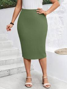 EMERY ROSE Elegant Plus Size Green Knitted Skirt With Knee-Length Split For Casual Chic - Green - View 3