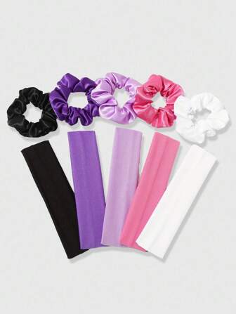 Kawaii 10pcs Girls Solid Color Simple Casual Headbands + Hair Ties Hair Accessories Set, Suitable For Daily Life And School Sports