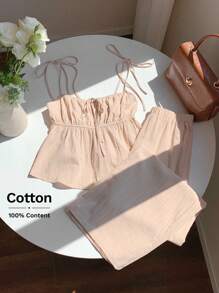 Comfortcana Women's Summer Vacation Linen Casual Solid Color Camisole And Pants Two Pieces Set, Suitable For Vacation Wear