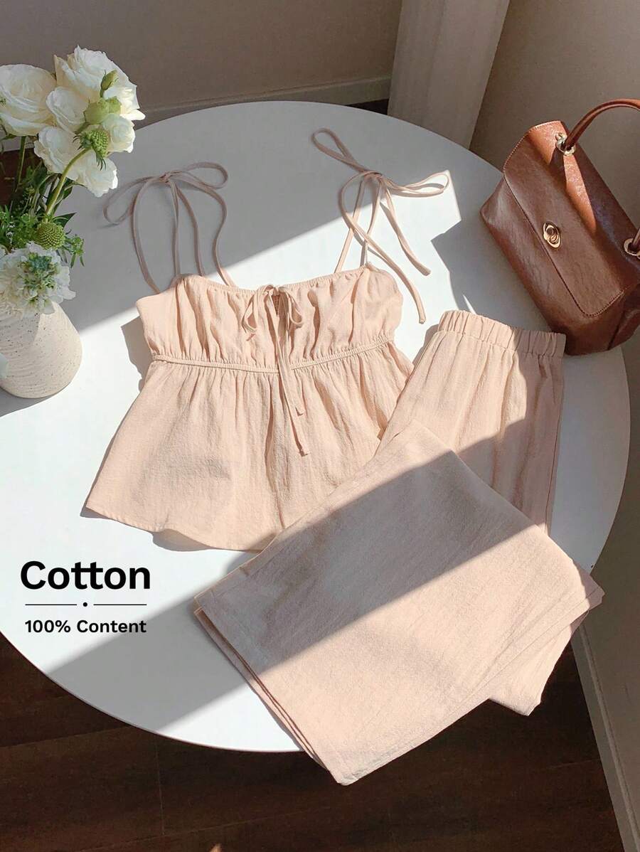Comfortcana Women's Summer Vacation Linen Casual Solid Color Camisole And Pants Two Pieces Set, Suitable For Vacation Wear