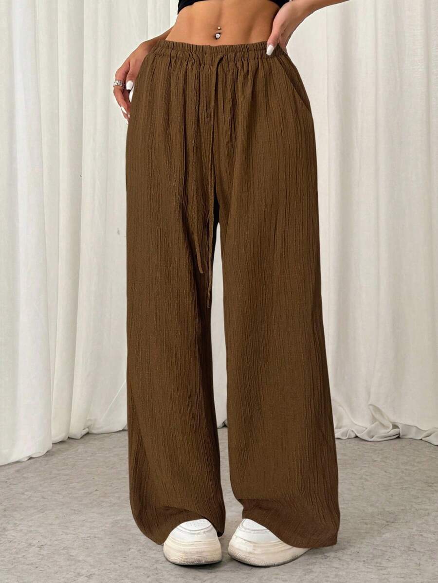 SHEIN EZwear Women's Casual Coffee Brown Textured Crinkle Pants
