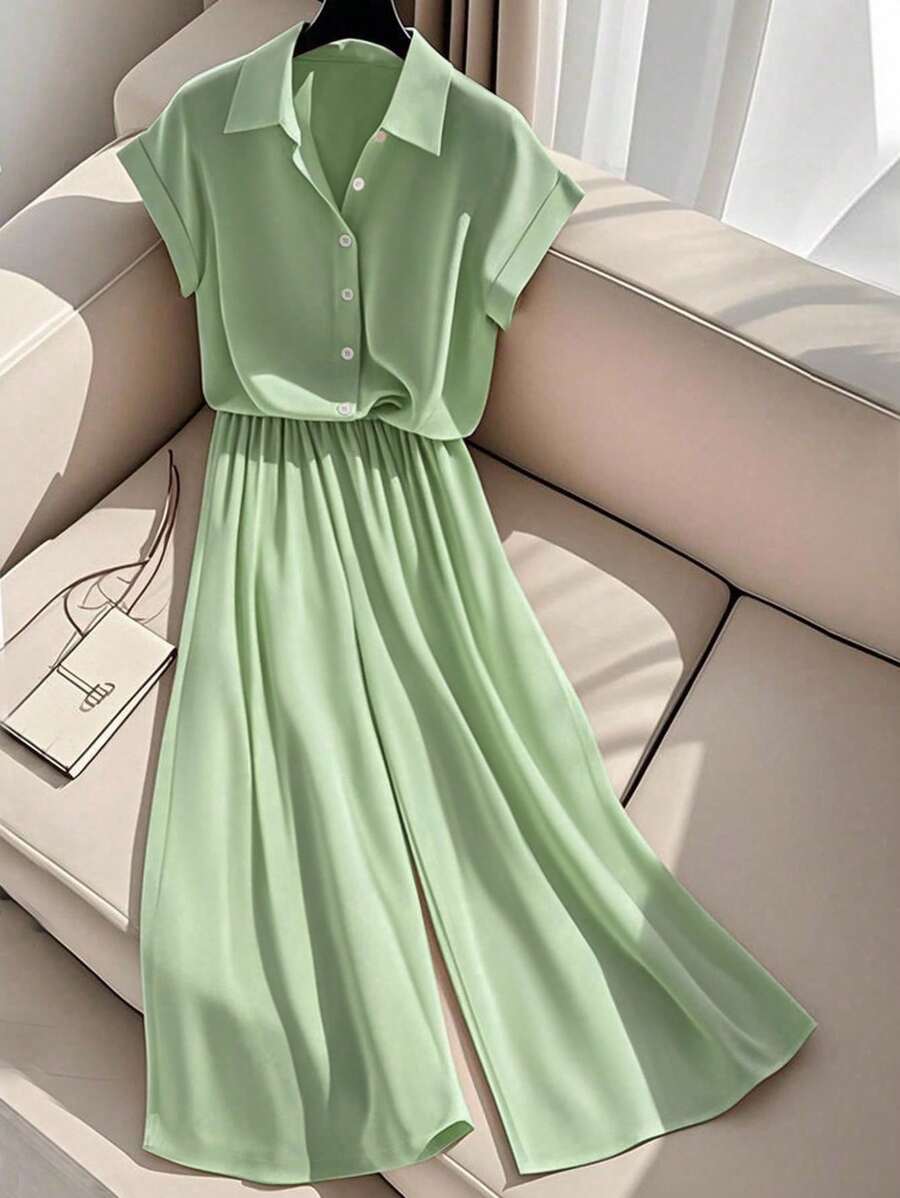 Franclia 优雅休闲纯色翻领短袖衬衫和阔腿裤女式两件套，适合大学生穿着 - 薄荷綠 - 查看 1