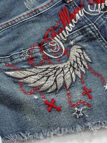 ROMWE Hippie Y2K Style Wing & Cross Embroidery Vintage Washed Low Waist Denim Shorts - Baby Blue - View 3