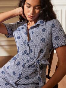 Écloséra 法式复古宽松短袖翻领前开花刺绣格纹夏季蓝色度假舒适休闲女式衬衫连衣裙 - 藏蓝色 - 查看 5