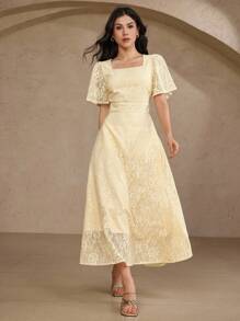 DAZY Elegant Creamy Yellow Lace Collar & Ruffle Sleeve Mid-Length Dress For Women Dress - Light Yellow - View 5