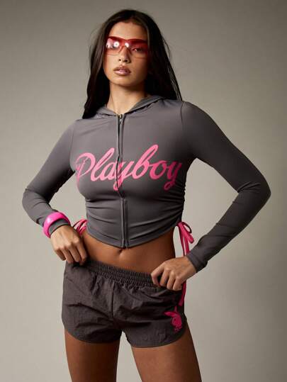 Missguided x Playboy 跑步短裤运动性能侧系带运动高腰侧抽绳夏季运动时尚轻便优质下装