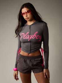 Missguided x Playboy Cropped Full Zip Hooded Active Jacket With Side Ruched Detail And Drawstring Sides Modern Loungewear Athleisure Style - Dark Grey - View 3