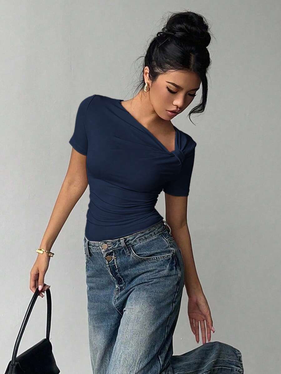 Siren Gaze Áo thun tay ngắn cổ bẻ không đối xứng, thiết kế mới ôm vừa vặn khi đi chơi dành cho nữ, mùa hè - Xanh đậm - Xem 1