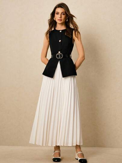 Poéselle Women 2pcs Suit: Elegant Commuting Vest And Pleated Skirt, Business Casual Woman,Office Outfits For Women,Old Money,Elegant  Women,Summer/Fall