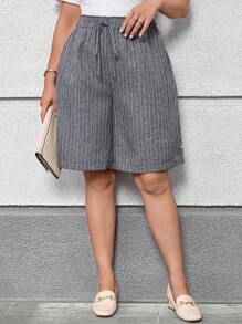 EMERY ROSE 大码条纹口袋侧扣装饰短裤 - 灰色 - 查看 4