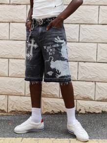 ROMWE MEN Street Life Men's Gothic Washed Cross Dragon Print Denim Shorts, Halloween - Black - View 5