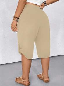 SHEIN CURVE+ Plus Size Women Casual Pants, Textured Fabric - Khaki - View 2