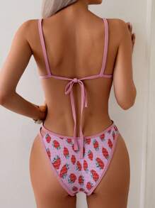 SHEIN Swim Bikini 2 mảnh in họa tiết dâu tây dây mảnh gợi cảm dành cho nữ Swim Mod khi đi nghỉ - Hồng - Xem 2