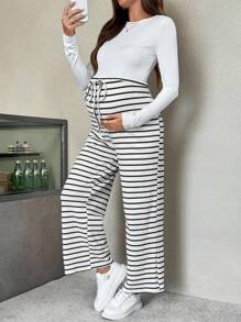 SHEIN 孕妇条纹可调节腰部阔腿休闲裤 - 黑與白 - 查看 3