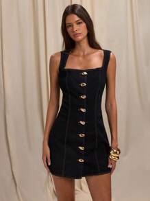 SHEIN BAE Women's Sleeveless Front Button Waist Denim Mini Dress, Casual Summer, Sleeveless Denim Mini Dress Button Front Design Summer Casual Fashion Slim Elegant Style Personalized Single Product, Old Style, Business Casual Women's Wear, Fall Clothes, Back To School, Business Casual Woman, Office Dress, Going Out Outfits, Teacher Outfits For Women - Dark Wash - View 5