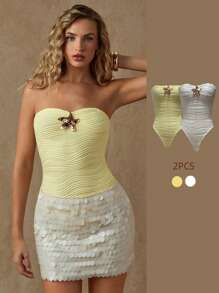 Glamine 女士夏季度假白色连体衣，金属装饰和不对称纹理面料 - 时尚沙滩装必备 - 彩色 - 查看 4