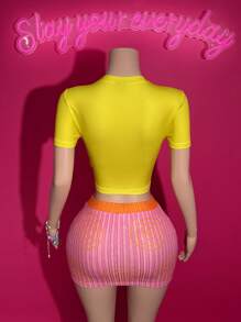 Slaydiva 2件套2025春夏新款LGBT音乐节波西米亚休闲日常海滩派对性感甜美可爱千禧Y2K色不对称圆点渐变印花针织短款上衣和紧身迷你裙套装女