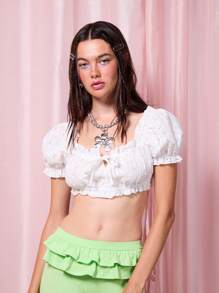 COUREZ Lana Puffball Short Sleeve Top /Summer Tops Y2K Cotton Vintage - White - View 2