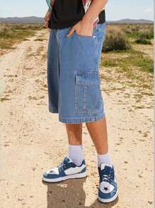 Claim Dot Plus Size Men's Solid Color Casual Loose Pocket Denim Shorts Men Baggy Jeans Shorts