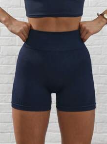 Rhythm Era 女士时尚高腰弹力透气运动短裤健身短裤 - 藏蓝色 - 查看 4