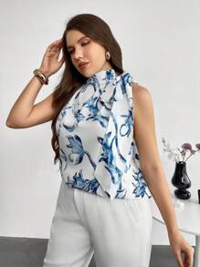 Firerie Plus Size Women Floral Print Knot Shoulder Halter Vacation Shirt - Multicolor - View 1
