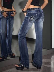 Jeanoix Women's Retro Embroidered Super Low Waist Flare Jeans