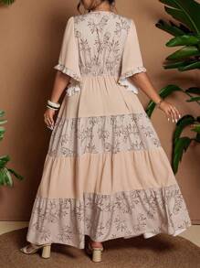 Flirla Plus Size V-Neck Color Block Floral Print Ruffle Sleeve Maxi Dress, Elegant Vintage Bohemian Casual Holiday Dress - Multicolor - View 2