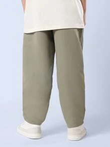 SUMWON 青年斜纹筒形斜纹裤休闲秋季校服宽松阔腿抽绳长裤 - 軍綠色 - 查看 5