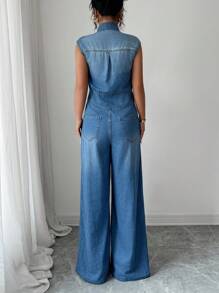 Elenzga Combinaison en jean à jambes larges avec design élégant de poche - Jean clair - Voir 2