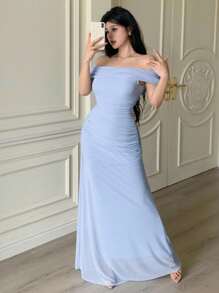 Modelyn 女式露肩褶饰腰部优雅婚礼派对礼服 - 淺藍色 - 查看 8