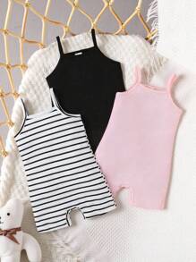 SHEIN 3pcs/Set Infant Baby Girl Casual Versatile Soft & Gentle Jumpsuit, White, Pink, Striped Suspender 3 Outfit Sets, High Cost Performance, Suitable For Home Or Outing In Spring And Summer - Black and White - View 2