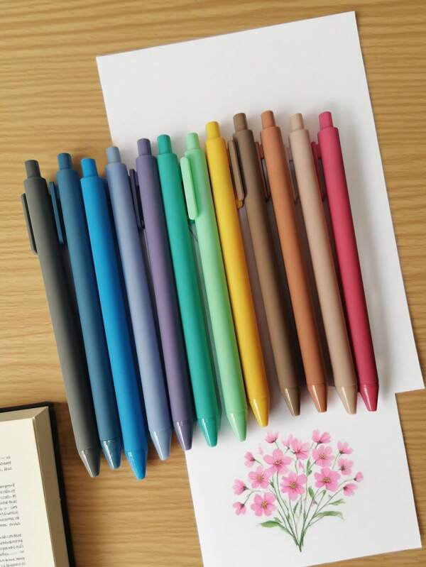 SHEIN Set de 12/24 bolígrafos de gel de tinta de color pastel Morandi aleatorio (el color del núcleo de la tinta es negro) - Bolígrafos de gel con acabado de goma retráctil - Bolígrafos coloridos y lindos para diarios, escritura, oficina y útiles escolares de vuelta al colegio