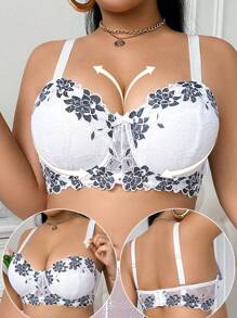 SHEIN 1pc Women Plus Size Lace Underwire Bra With Removable Shoulder Straps, Lift - Black and White - View 5