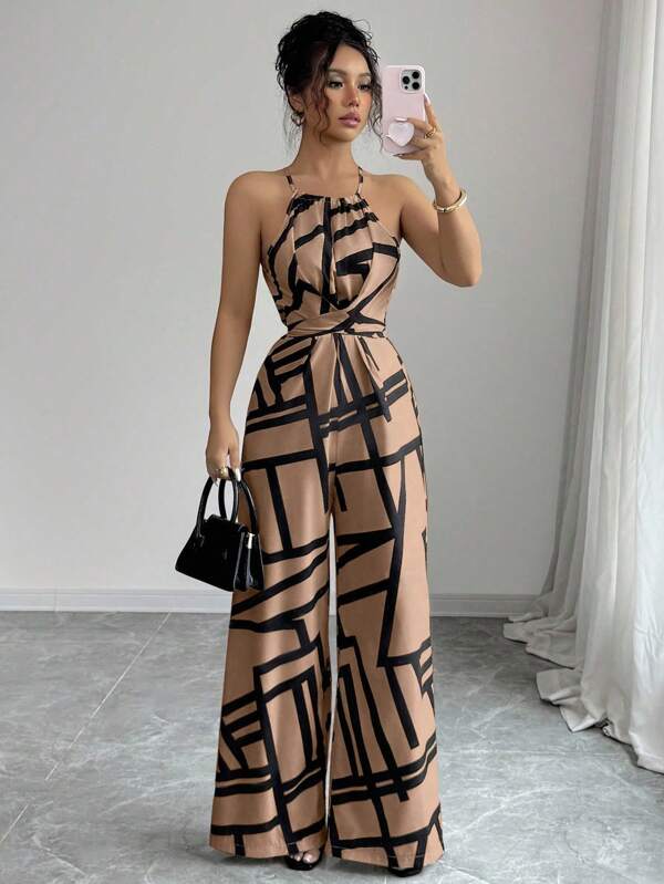 Elenzga Macacão Feminino de Tecido Estampado com Cintura Pregueada, Elegante para Férias e Uso Diário