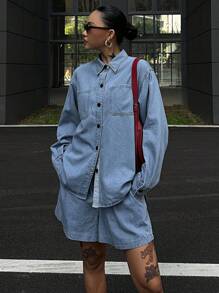 Livesso 女士夏季休闲牛仔衬衫和短裤套装 - 藍色 - 查看 6