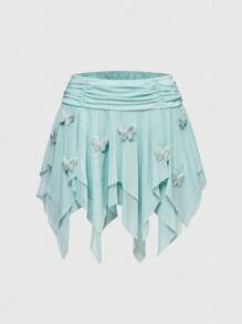 ROMWE Women Asymmetric Mesh Butterfly Decor Skirt, Spring - Blue - View 1