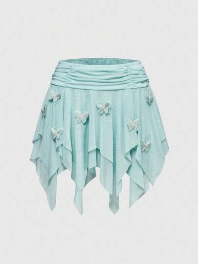 Women Asymmetric Mesh Butterfly Decor Skirt, Spring