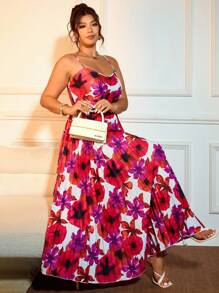 Allurite Plus Size Elegant Floral Print High-Low Hem Cami Summer Dress - Multicolor - View 7