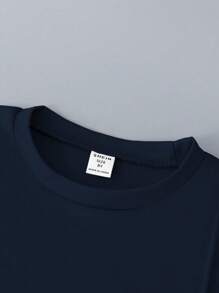 SHEIN 青少年男童夏季休闲纯色T恤和短裤两件套 - 藏蓝色 - 查看 6