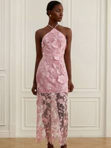 Aveloria Rosie Neues elegantes Kleid mit floraler Verzierung und rückenfreiem Design, hochwertige, raffinierte Stoffe, exquisite Details, figurbetonter Schnitt, ideal für Hochzeiten, Dates, Damen - Pink - Übersicht 1